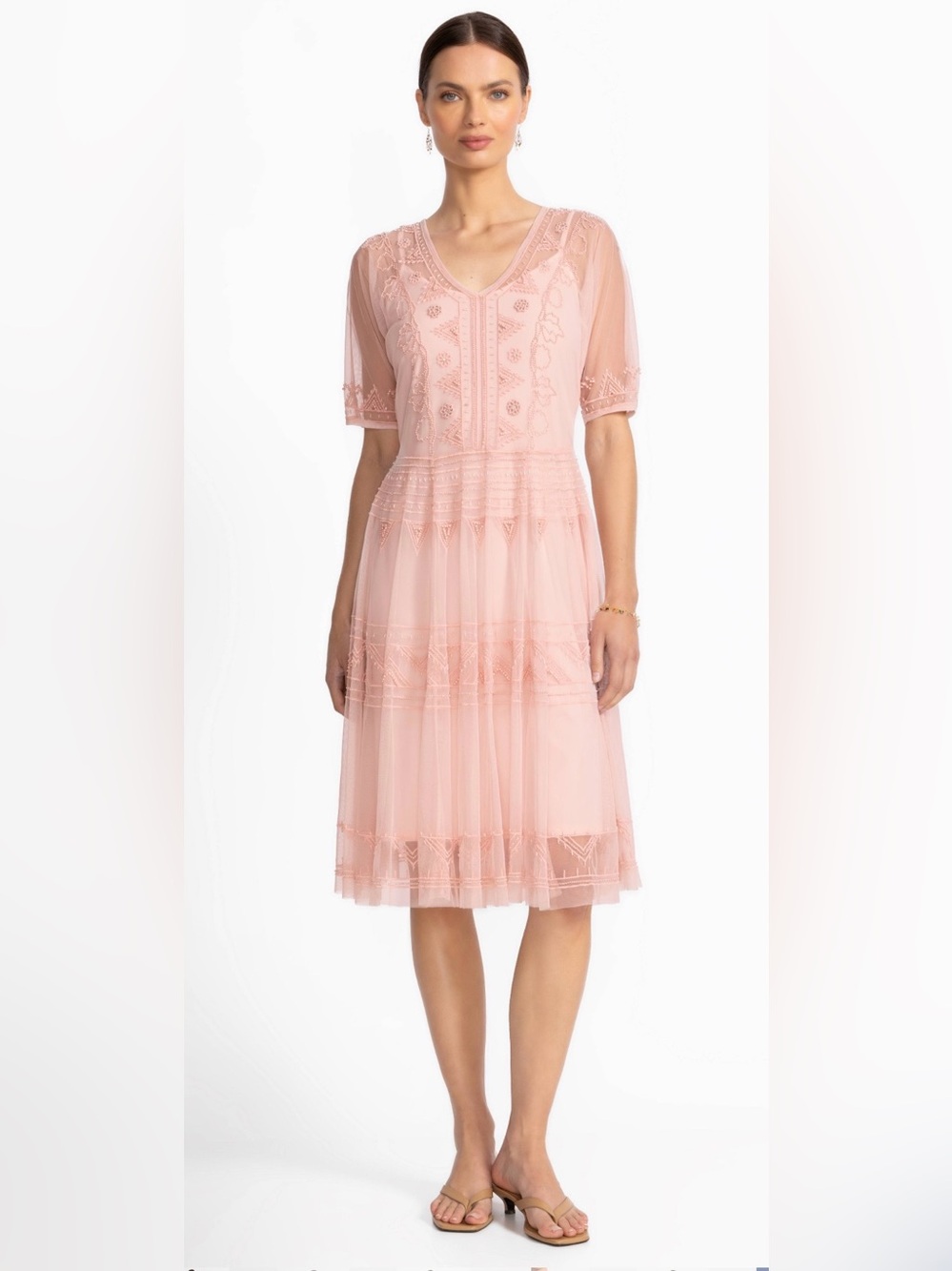 Johnny Was Blush Pink Beaded Mesh Dress